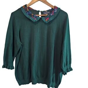 ModCloth Floral Sweater Womens 2X Green Ruffle Twee Preppy Academia Cottage